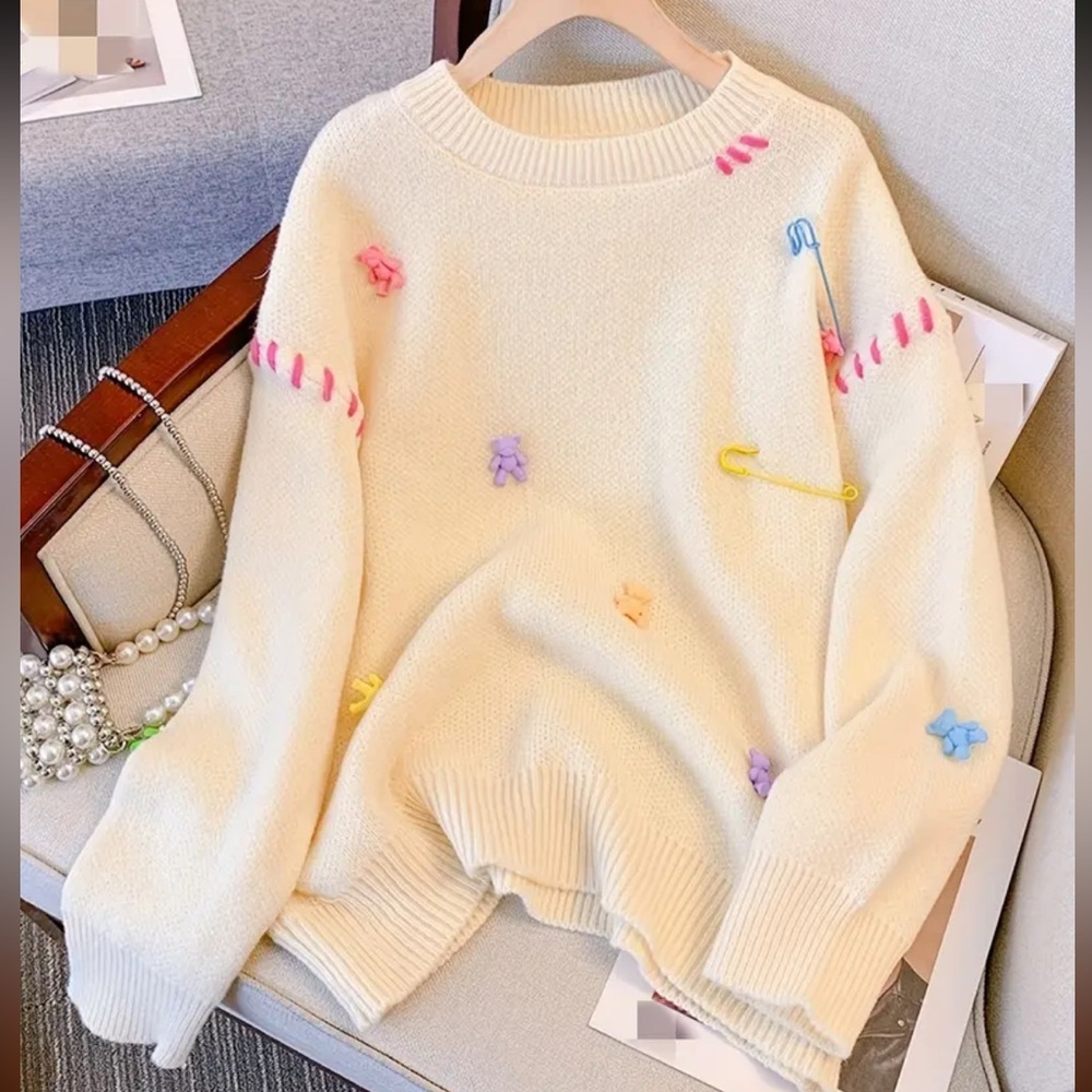 Bear stitch sweater safety pin knit cream crewneck rainbow multicolor bears NWT